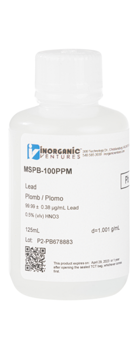 Imagem do Produto Padrão MRC de chumbo para ICP - Matriz: Ácido Nítrico - 125 ml - INORGANIC VENTURES - MSPB-100PPM-125ML