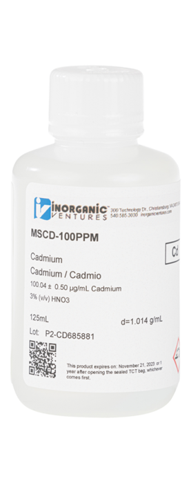 Imagem do Produto Padrão MRC de cádmio para ICP - Matriz: Ácido Nítrico - 125 ml - INORGANIC VENTURES - MSCD-100PPM-125ML