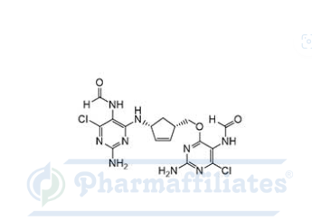 Imagem do Produto Padrão de N-(2-Amino-4-(((1R,4S)-4-(((2-amino-6-cloro-5-formamidopirimidina-4-il)oxi)metil)ciclopent-2-en-1-il)amino)-6-cloropirimida-5-il)formamida - Cas Number: NA - PHARMAFFILIATES Referência: PA 01 0011000