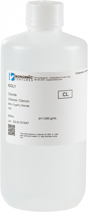 Imagem do Produto Padrão MRC de cloreto para IC. Matriz: Água - INORGANIC VENTURES - ICCL1-500ML